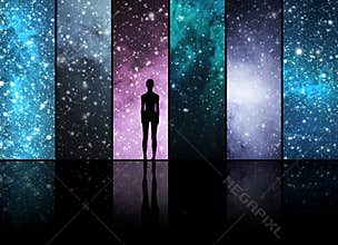 Universe, stars, constellations, planets and an alien shape