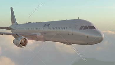 Passenger airbus a321 flying in the clouds. Realistic 3d CG animation.