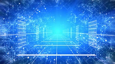 Seamless animation loop of camera movement or zoom in the futuristic fantasy path with digital computer sign and symbol and electr