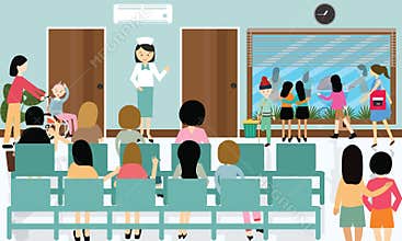 Busy hospital corridor activities nurse patient in queue waiting doctor