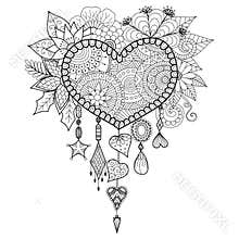 Heart shape floral dream catcher for coloring book for adult