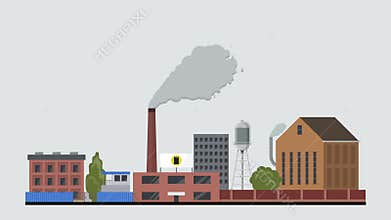 Flat style factory animation reveal. Eco atmosphere pollution chimney animated smoke concept