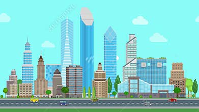 Flat cartoon city day looped animated. Business center with road highway avenue animated transport street traffic.