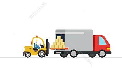 Forklift loader load boxes into a truck animation. Video concept for delivery service.
