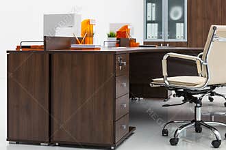 Desk, leather armchair and bookcase