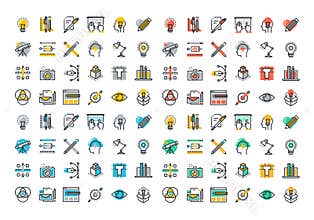 Flat line colorful icons collection of graphic and web design