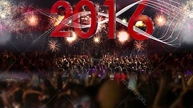 2016 Crowd of people and fireworks explosions tilt cam