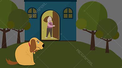Animation cartoon of a lonely puppy dog pet waiting with sad and lonely expression for the family owner to take care and share lov
