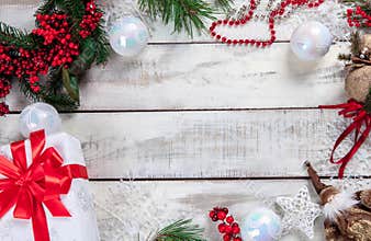 The wooden table with Christmas decorations