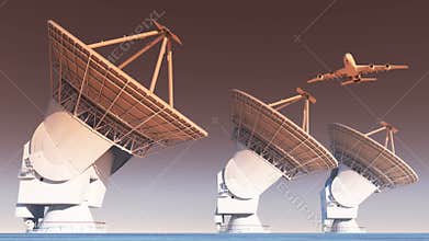 4k airplane flying over Satelite Dishes,Radio Observatories,Military Radar.