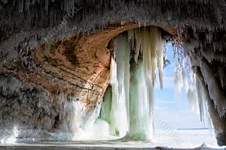 Cavern behind ice curtains on Grand Island on Lake Superior