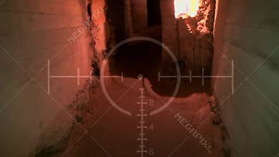 Dark old abandoned underground tunnel. Grunge vintage catacombs. Scary background for the quest military