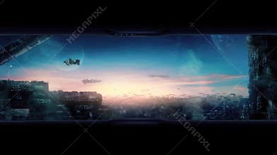 Person Opens Digital Window In Future City