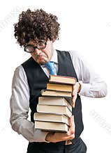 Crazy nerd student with many books isolated on white background