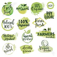 Hand drawn watercolor labels and badges for organic food