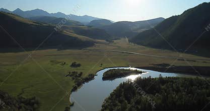 Flying over the River. Mountains of Altai, Siberia. Kurai Steppe