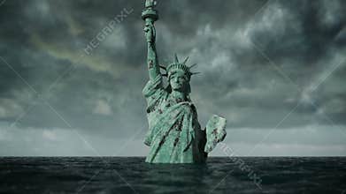 Apocalyptic water view. Old Statue of liberty in Storm. 3d animation