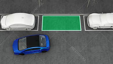 Blue electric car driving into parking lot navigated with parking assist system