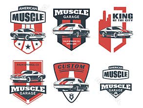 Set of classic muscle car logo, emblems, badges and icons.