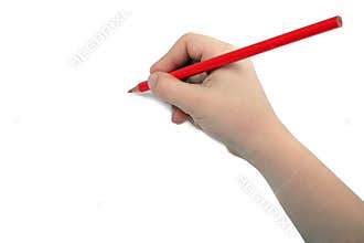 Child hand draws a red pencil