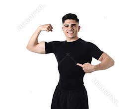 Attractive sport man pointing on his black t-shirt with copy space for adding gym fitness health club logo