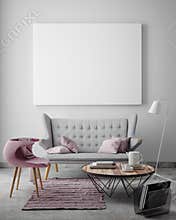 Mock up blank poster on the wall of livingroom,