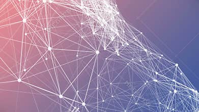 Abstract moving background. White dots connected with lines on 2016 Pantone color mix Rose Quartz and Serenity gradient backgrou