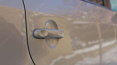Hand girl opens back doors car and sits in it