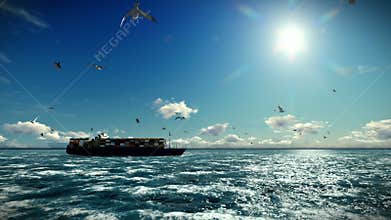 Cargo ship sailing, timelapse clouds and seagulls, with sound