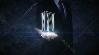 Businessman open palm, using crane construction building process animation