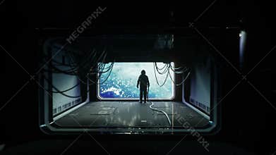 Alone astronaut in futuristic space corridor, room. view of the earth. cinematic 4k footage.