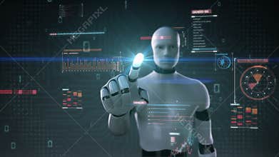 Robot cyborg touching user interface, digital display, grow artificial intelligence