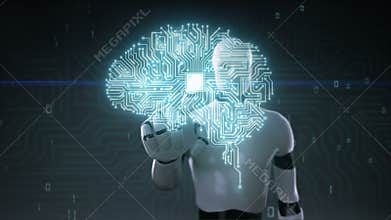 Robot cyborg touching brain connected CPU chip circuit board, grow artificial intelligence