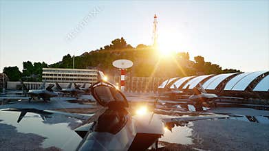 F 22 raptor, military fighter jet. military base. sunset. 3d animation.