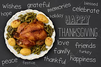 Roast turkey and text happy thanksgiving