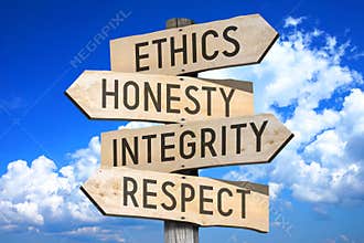 Business ethics - wooden signpost