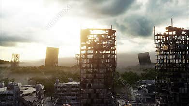 Apocalypse city in fog. Aerial View of the destroyed city. Apocalypse concept. Super realistic 4k animation.