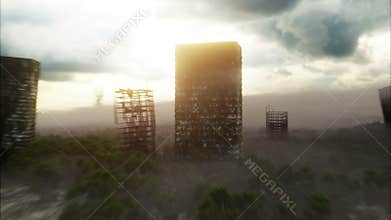 Apocalypse city in fog. Aerial View of the destroyed city. Apocalypse concept. Super realistic 4k animation.