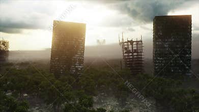Apocalypse city in fog. Aerial View of the destroyed city. Apocalypse concept. Super realistic 4k animation.
