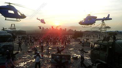 Horror zombie crowd walking. Apocalypse view, concept. Realistic 4K animation.