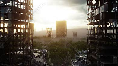Apocalypse city in fog. Aerial View of the destroyed city. Apocalypse concept. Super realistic 4k animation.