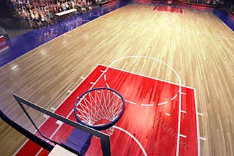 Basketball court with people fan. Sport arena.Photoreal 3d render background. blured in long shot distancelike leans optical