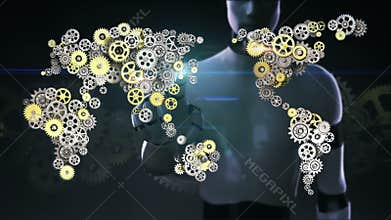 Robot, cyborg touched screen, Steel golden gears making global world map. artificial intelligence. global technology.1.