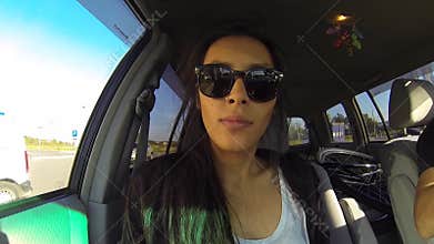 Funny Woman Making Selfie With GoPro Inside the Car Journey