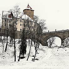 Winter landscape with a beautiful chapel near castle Veveri. Czech Republic city of Brno. The Chapel of the Mother of God.