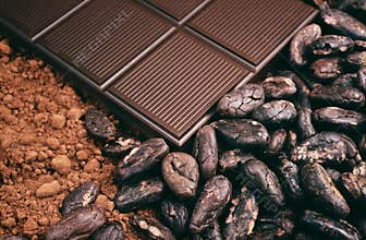 Bar of chocolate, cocoa beans , cocoa powder