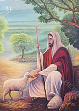 Oil painting of Jesus as the good shepherd