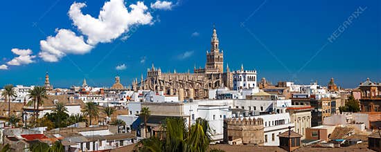 Panorama of Giralda and Seville Cathedral, Spain