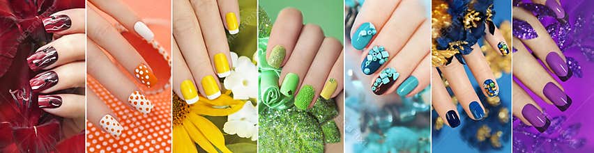 Rainbow collection of nail designs.