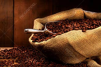 Coffee beans in burlap sack